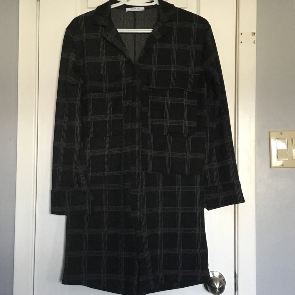Zara Black and Gray Plaid Long Sleeve Romper